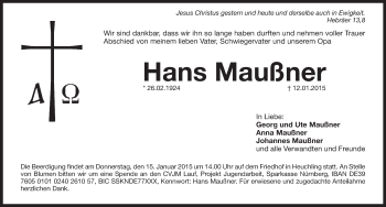 Traueranzeige von Hans Maußner von Pegnitz-Zeitung
